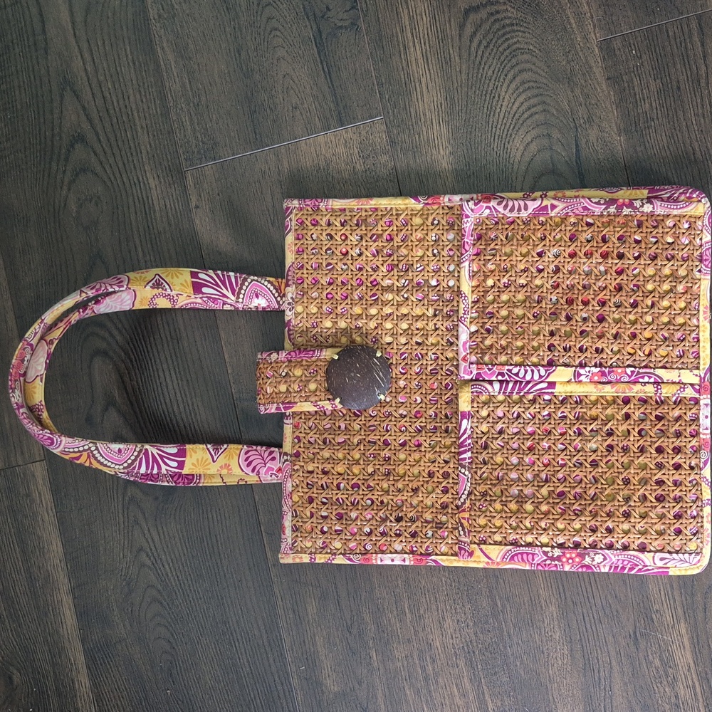 Vera Bradley Bali Gold Tiki Tote With Woven Rattan Wicker